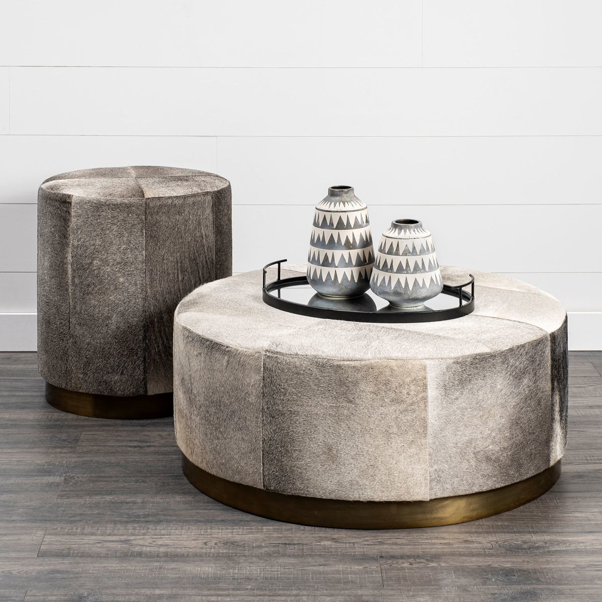 Zahavi Gray Hair-On-hide W/Metal Base Ottoman Living Room Mercana
