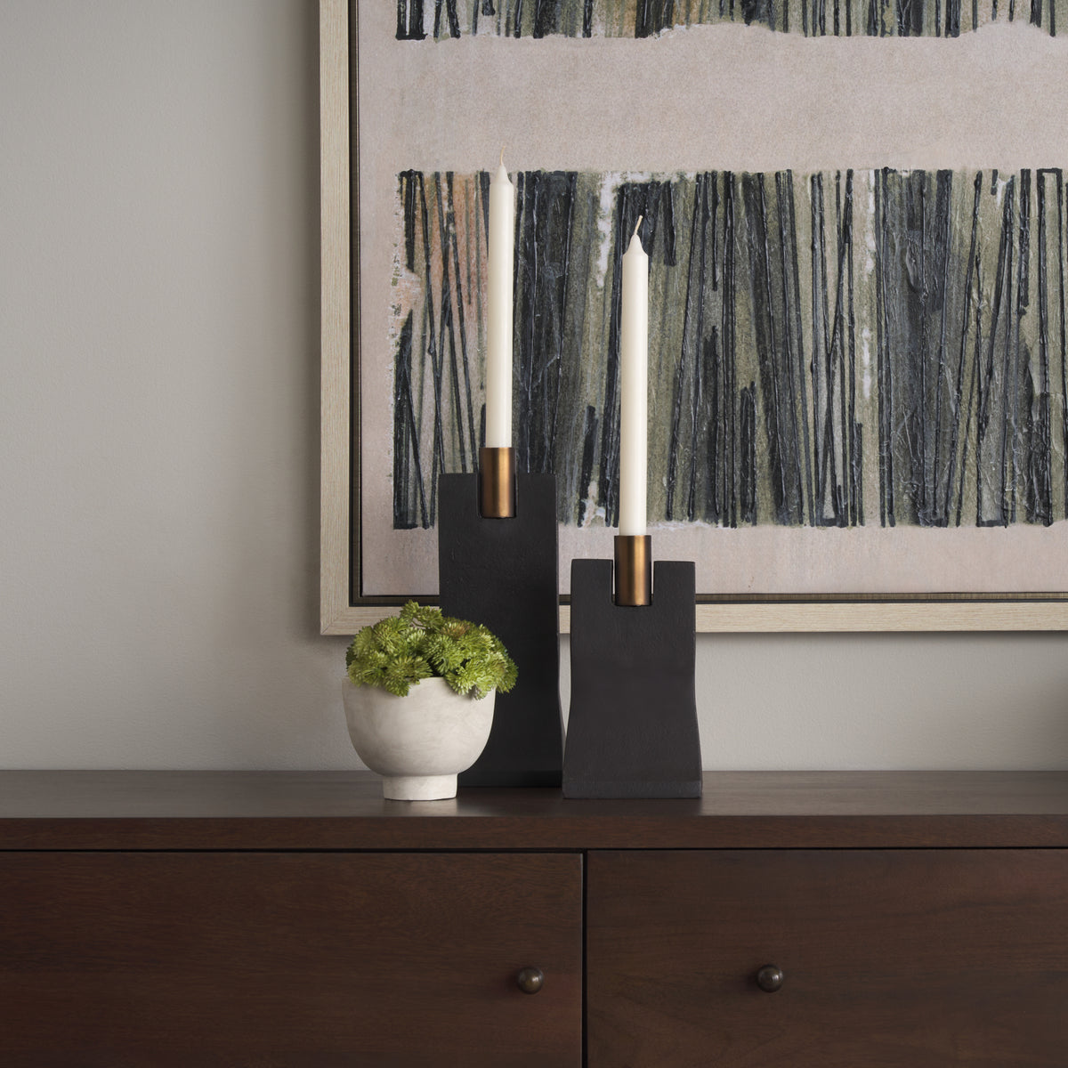Polli Matte Black w/ Brushed Gold Metal Taper Candleholders (Set of 2) Decor Mercana
