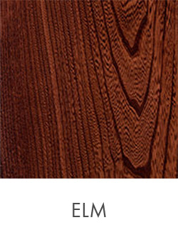 sample of elm wood showing grain in a reddish-brown finish