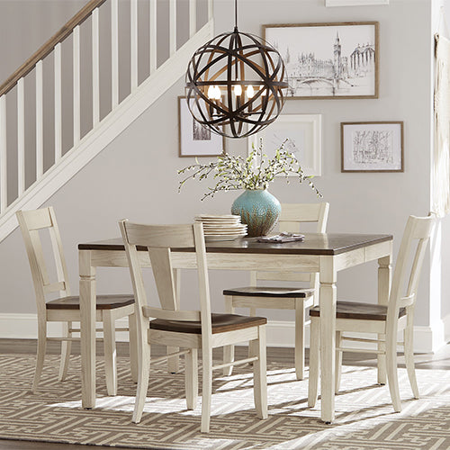 Casual two-tone square dining table with four matching dining chairs.