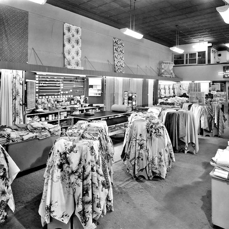 A drapery showroom showing samples of fabric.