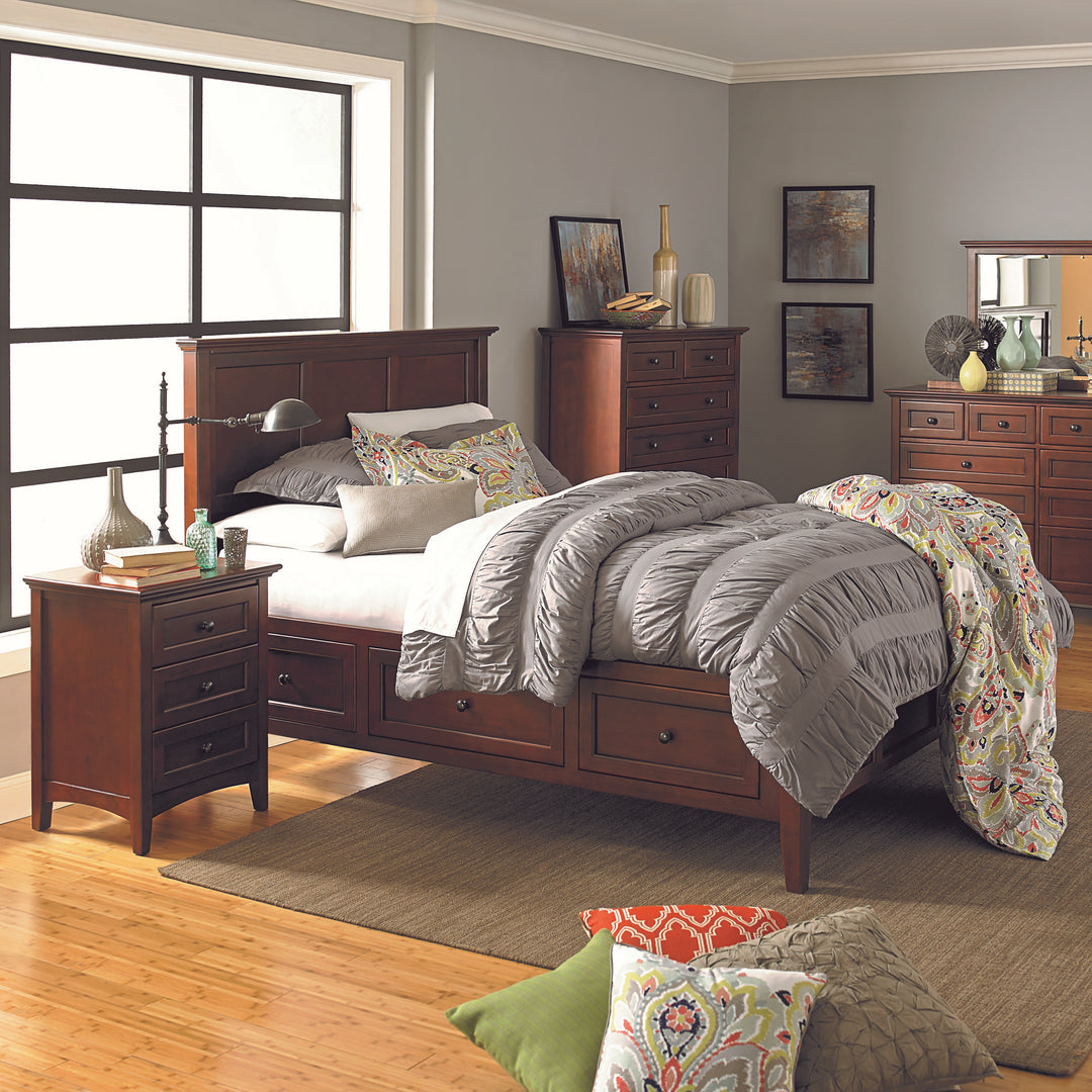 Dark wood storage bed with matching nightstand and chest from Whittier Wood's McKenzie collection.