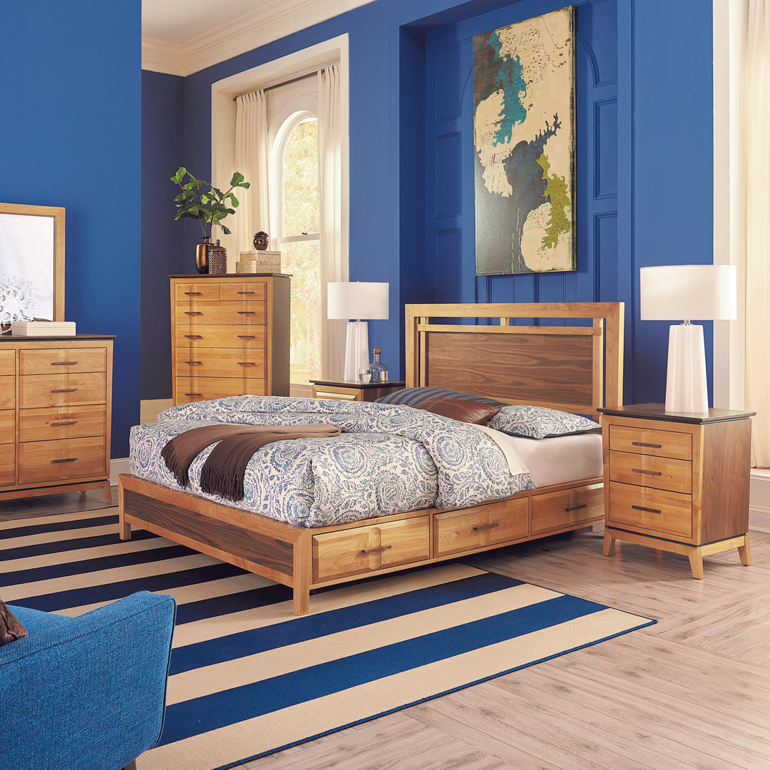 two-tone wood bed with matching nightstand, chest, and dresser from Whittier Wood's Addison collection.