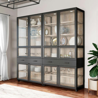 black wood and glass displays cabinets side by side