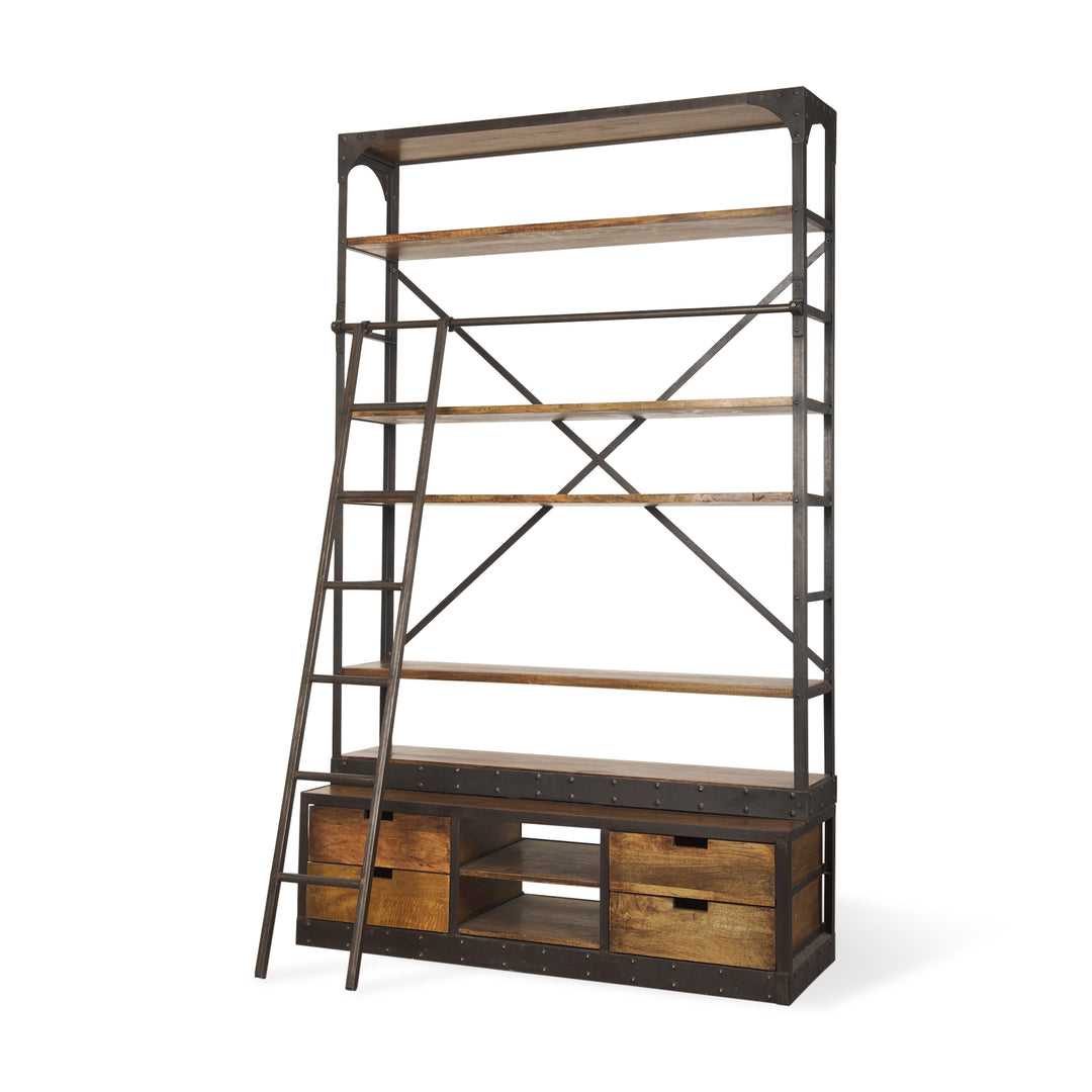 Brodie II Medium Brown Wood Black Ladder Four Shelf Shelving Unit Living Room Mercana