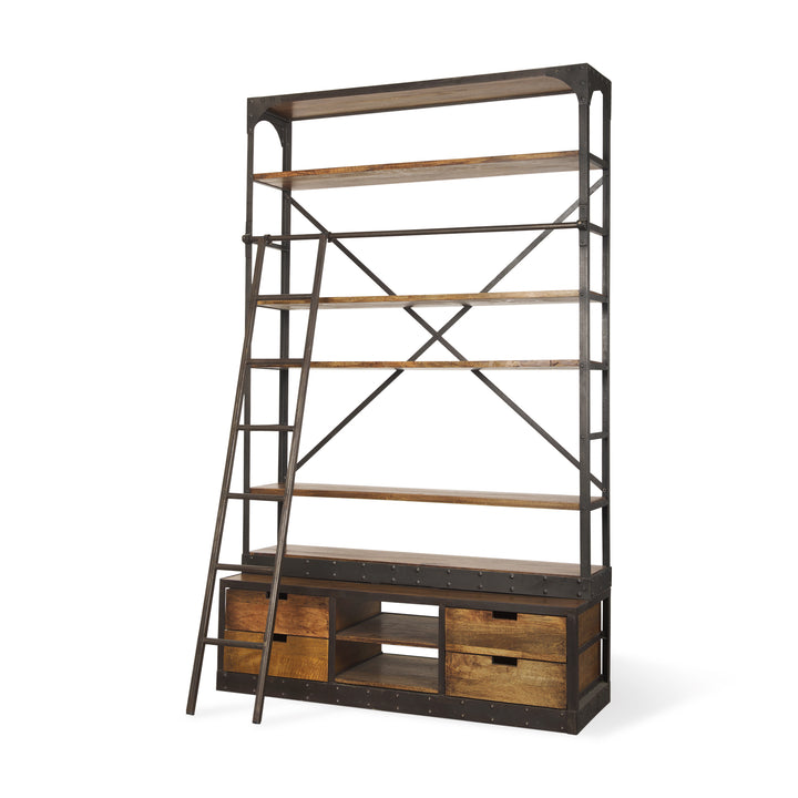 Brodie II Medium Brown Wood Black Ladder Four Shelf Shelving Unit Living Room Mercana