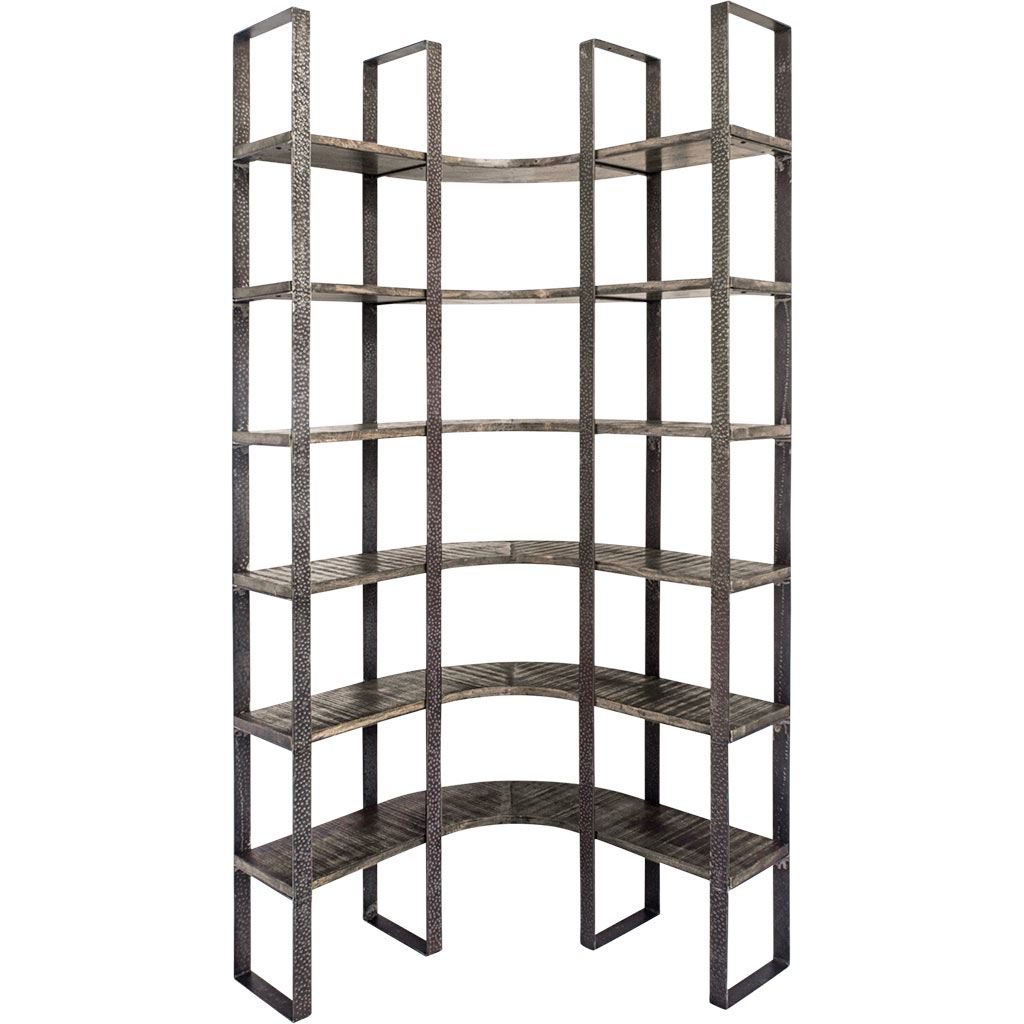 Turner I Curved Brown Wood and Black Iron Six Shelving Unit Living Room Mercana