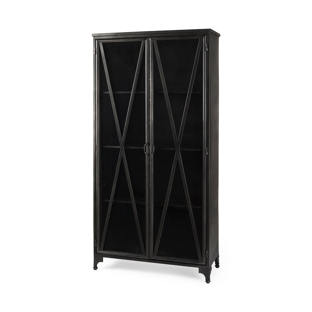Poppy II 73.8" H Black Metal With Glass Door Display Cabinet Living Room Mercana