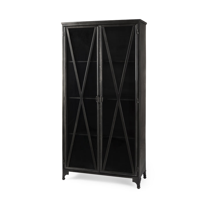 Poppy II 73.8" H Black Metal With Glass Door Display Cabinet Living Room Mercana