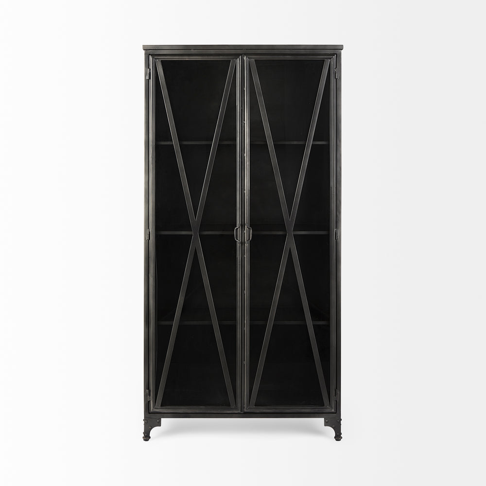 Poppy II 73.8" H Black Metal With Glass Door Display Cabinet Living Room Mercana