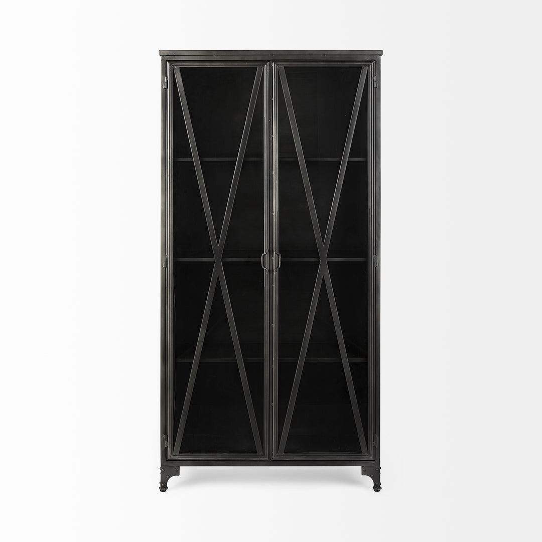 Poppy II 73.8" H Black Metal With Glass Door Display Cabinet Living Room Mercana