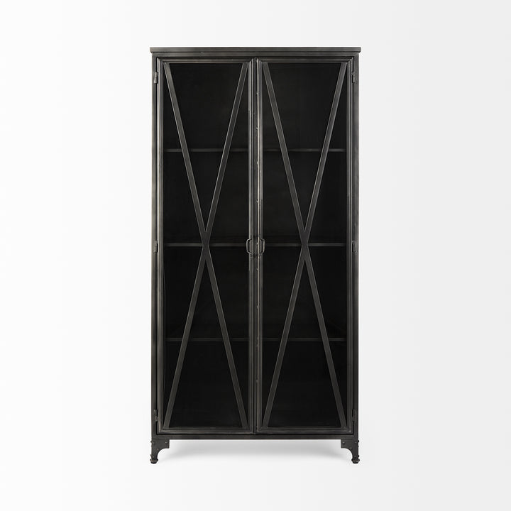 Poppy II 73.8" H Black Metal With Glass Door Display Cabinet Living Room Mercana