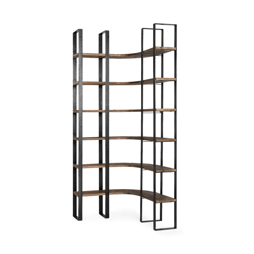 Turner II Curved Dark Brown Wood And Black Iron Six Shelving Unit Living Room Mercana
