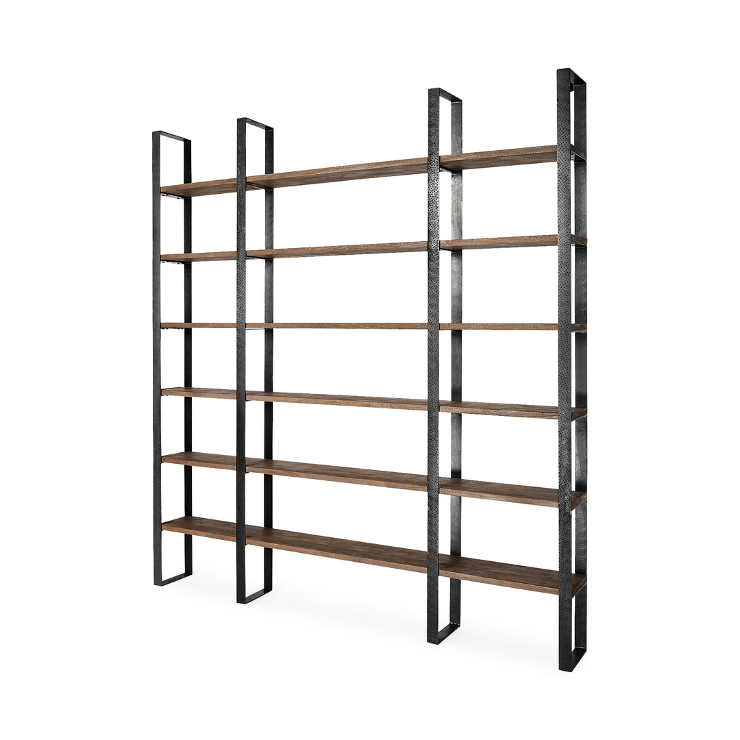 Taunton II Dark Brown Wood And Black Iron Six Shelving Unit Living Room Mercana