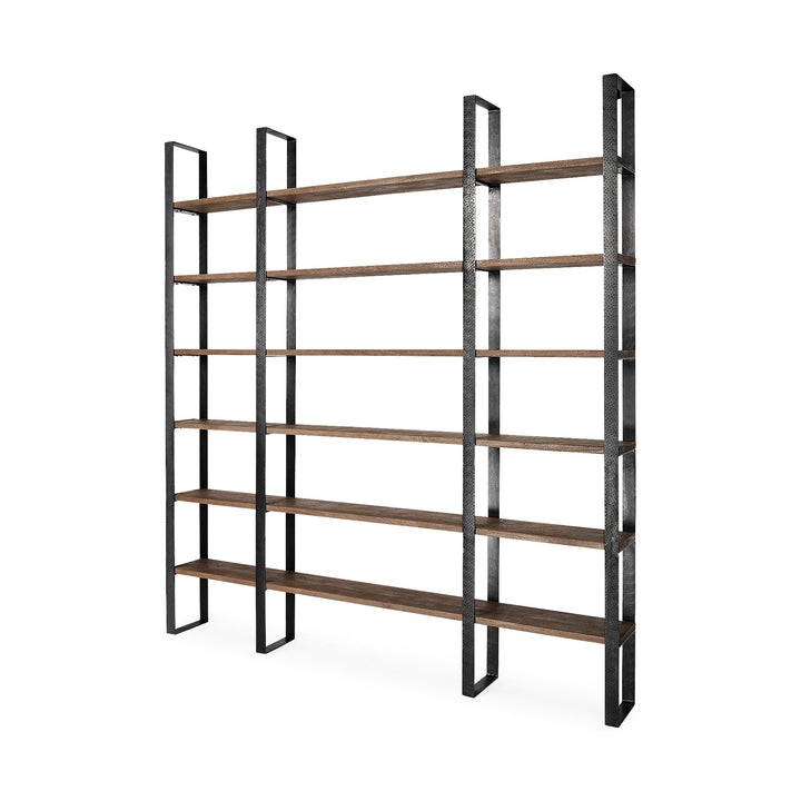 Taunton II Dark Brown Wood And Black Iron Six Shelving Unit Living Room Mercana