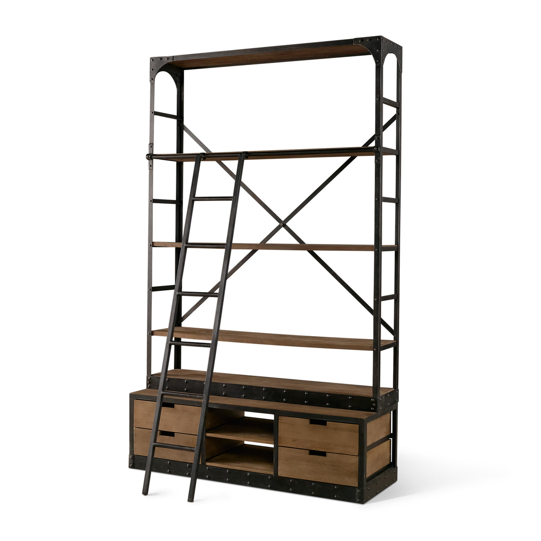 Brodie VIII Brown Wood Gun-Metal Ladder Four Shelf Shelving Unit Living Room Mercana
