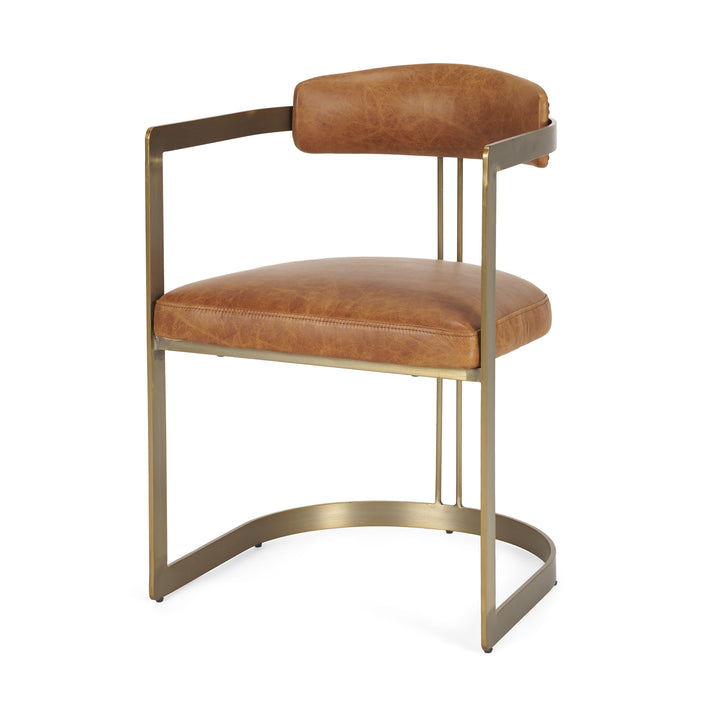 Hollyfield I Brown Leather Seat Gold Iron Frame Dining Chair Living Room Mercana