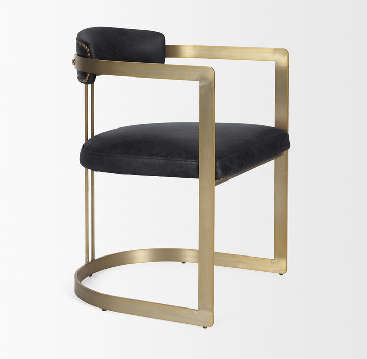 Hollyfield II Black Leather Seat Gold Iron Frame Dining Chair Living Room Mercana