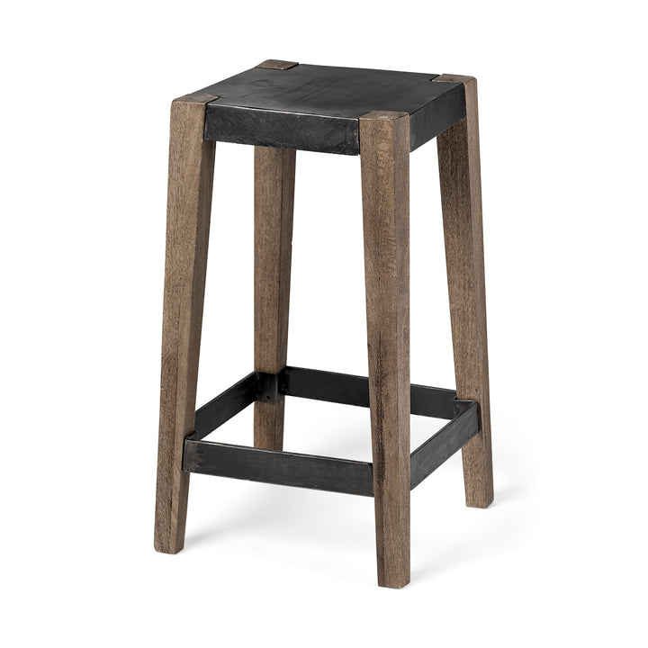 Nell 26" Seat Height Black Metal Seat & Foot Rest With Brown Wood Legs Stool Dining Room Mercana