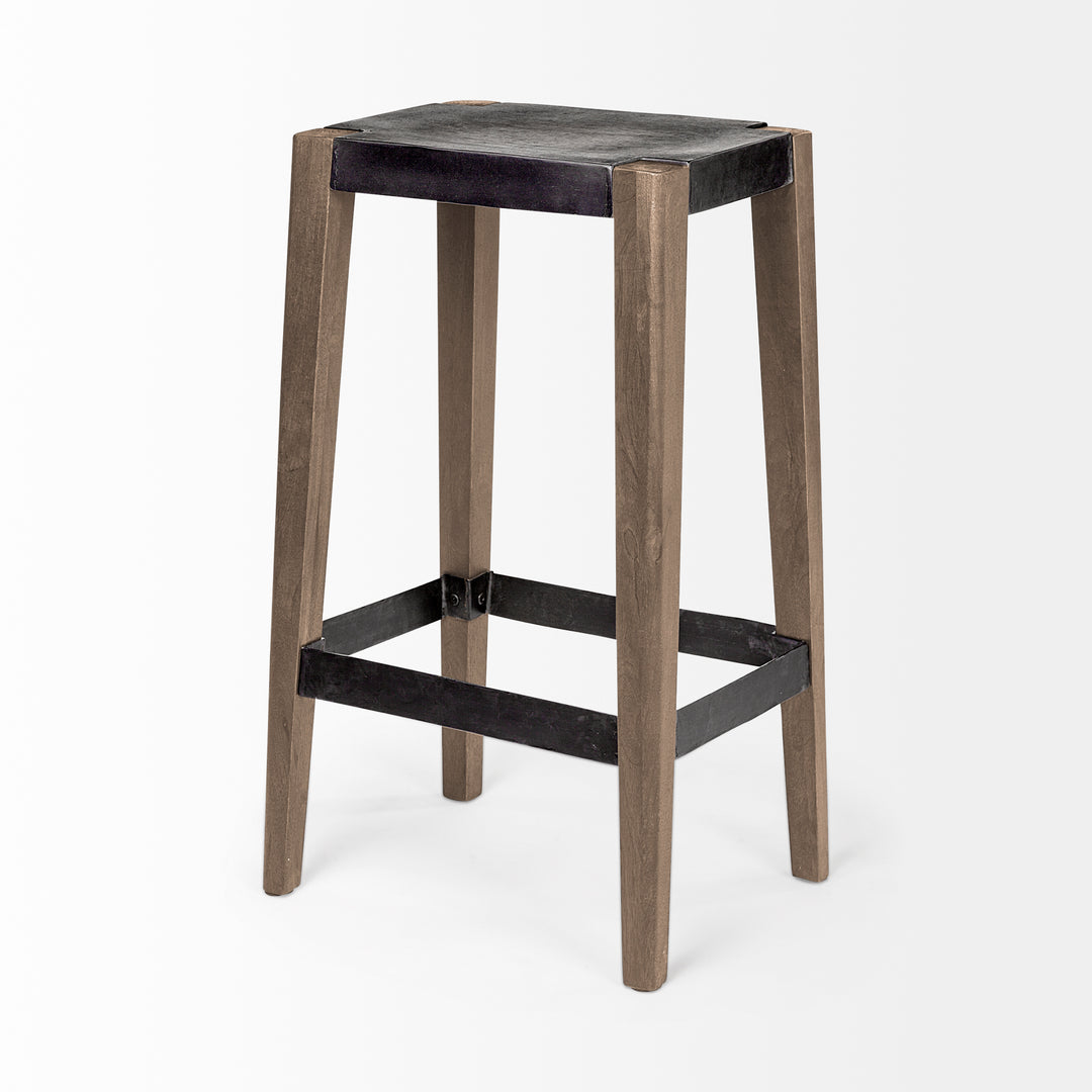 Nell 30" Seat Height Black Metal Seat & Foot Rest With Brown Wood Legs Stool Dining Room Mercana