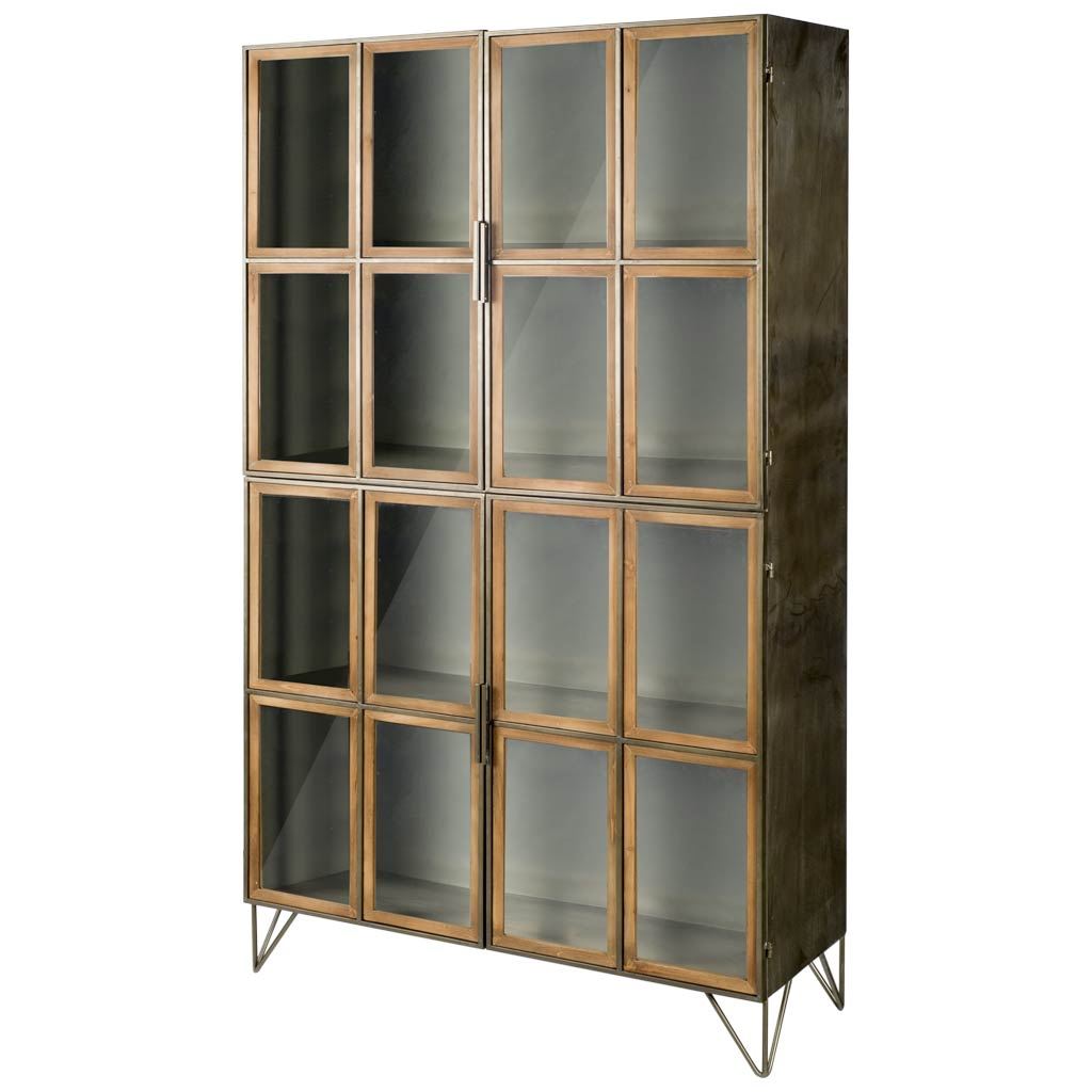 Pandora I 74" H Brown Wood and Metal Glass Door Display Cabinet Living Room Mercana