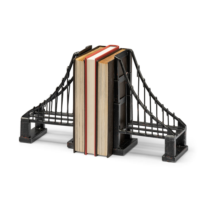 Suspension Set of 2 19L x 4W Brown Wrought Iron Suspension Bridge Bookends Decor Mercana