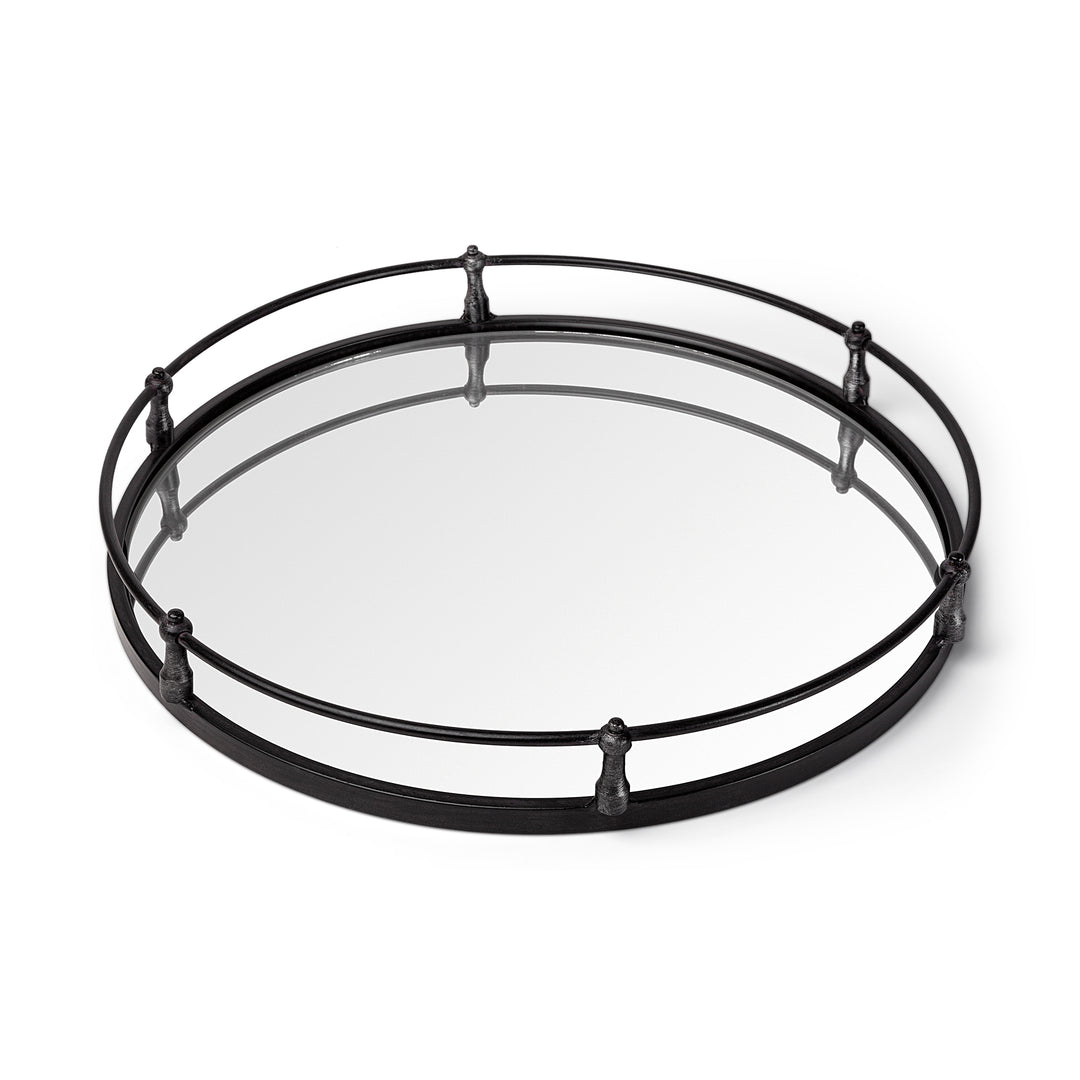 Kimbel 24L x 24W Black Metal Mirrored Base Round Tray Decor Mercana