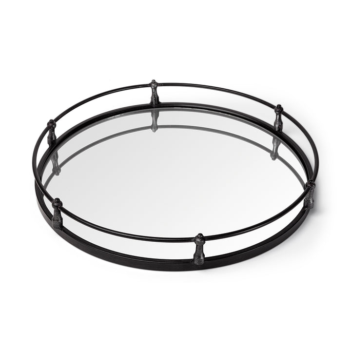 Kimbel 24L x 24W Black Metal Mirrored Base Round Tray Decor Mercana