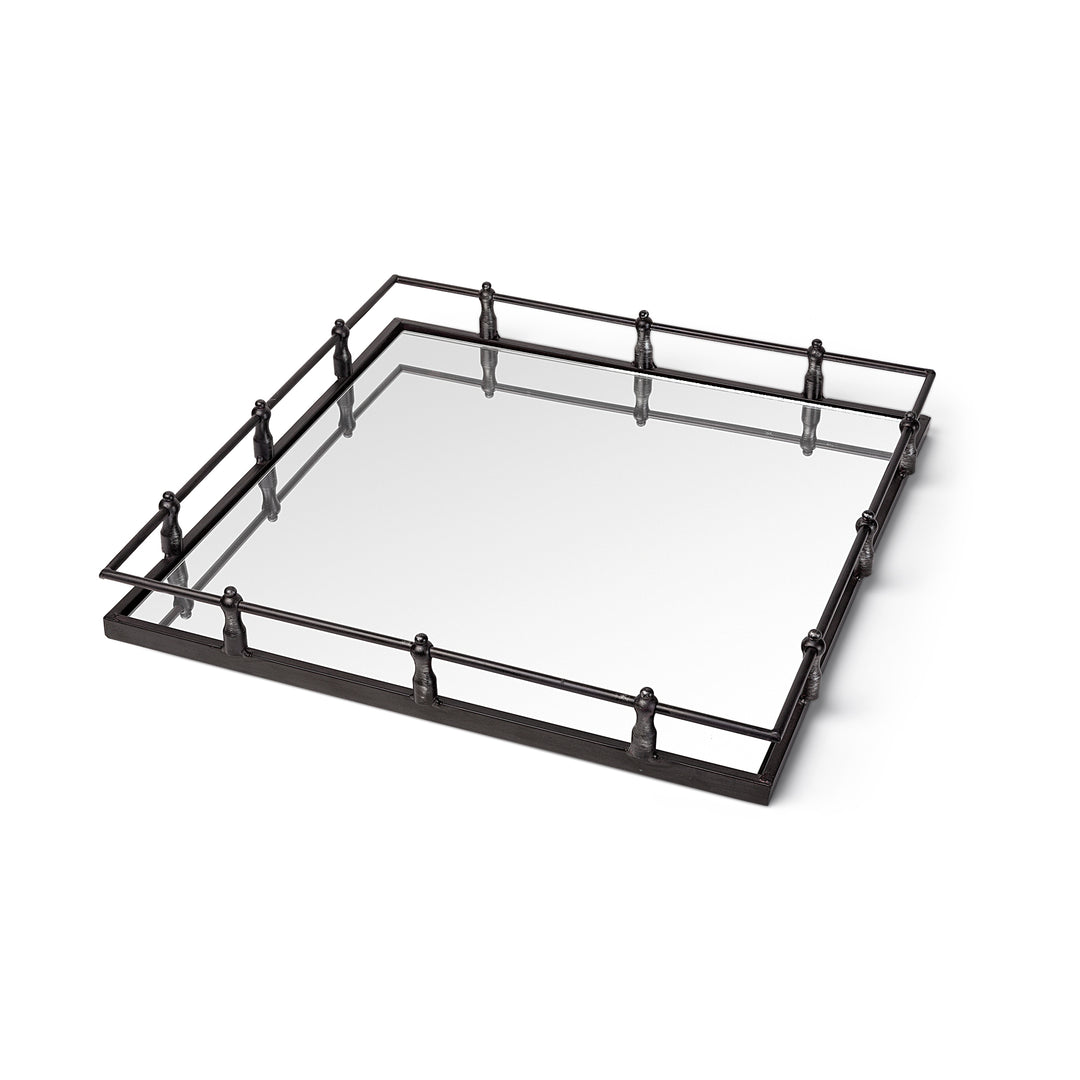 Christa 22L x 22W Black Metal Mirrored Base Square Tray Decor Mercana