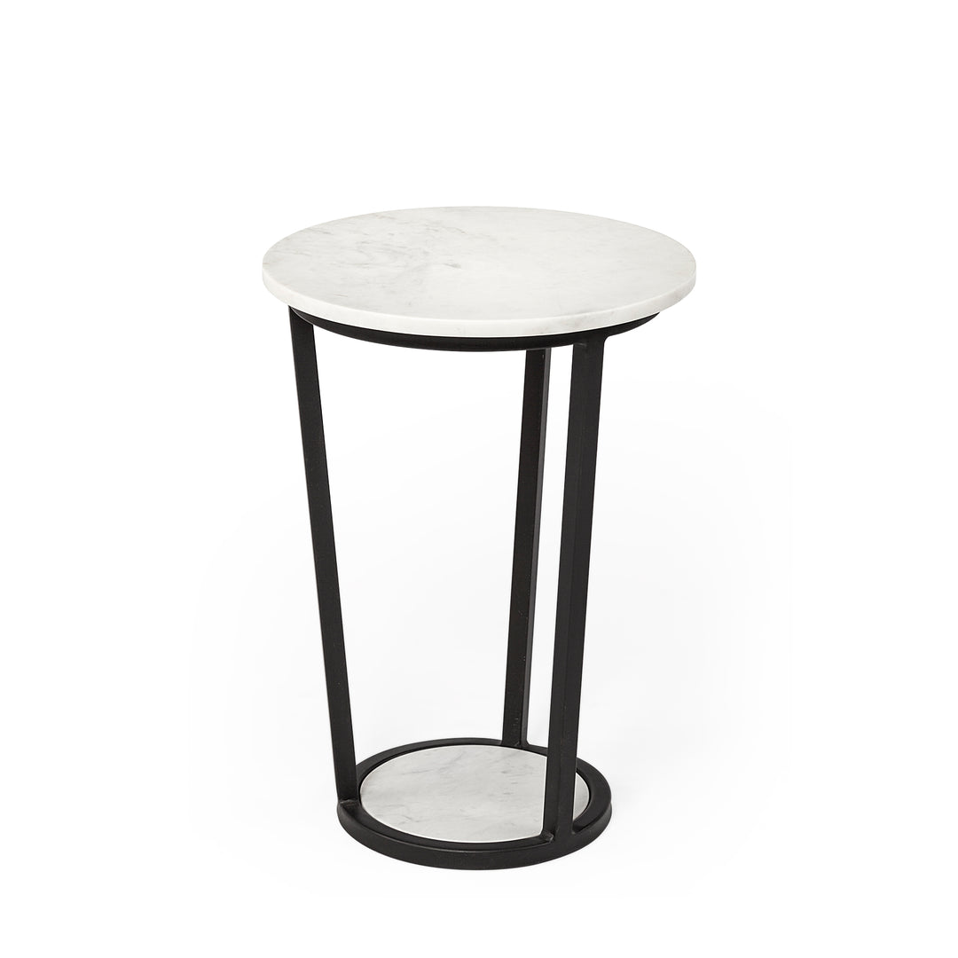 Bombola I (Small) 15L x 15W White Round Marble Top W/Black Metal Frame Accent Table Decor Mercana