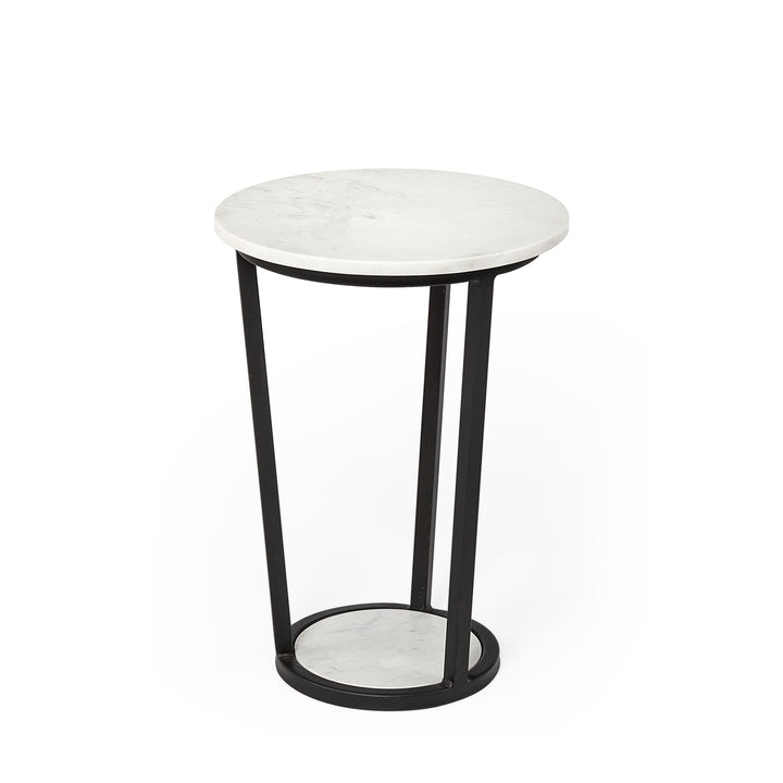 Bombola I (Small) 15L x 15W White Round Marble Top W/Black Metal Frame Accent Table Decor Mercana