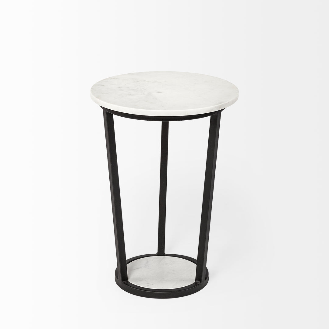 Bombola I (Small) 15L x 15W White Round Marble Top W/Black Metal Frame Accent Table Decor Mercana