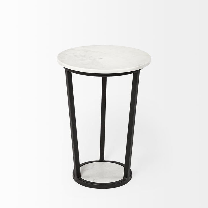 Bombola I (Small) 15L x 15W White Round Marble Top W/Black Metal Frame Accent Table Decor Mercana