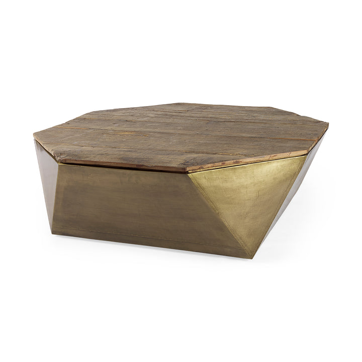Esagono Octagonal Gold Metal-Clad Reclaimed Wood Coffee Table w/ Storage Living Room Mercana