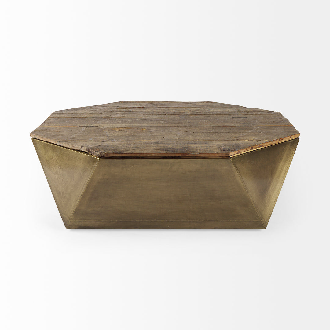Esagono Octagonal Gold Metal-Clad Reclaimed Wood Coffee Table w/ Storage Living Room Mercana