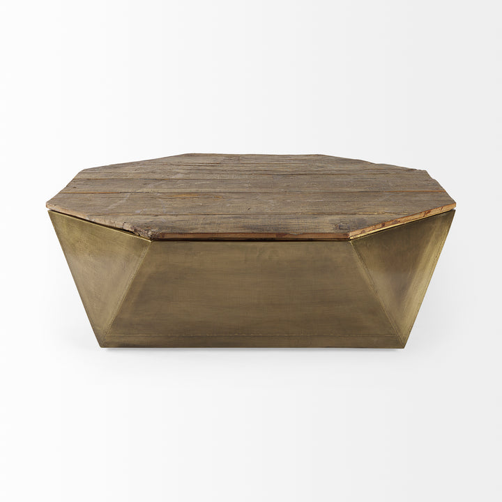 Esagono Octagonal Gold Metal-Clad Reclaimed Wood Coffee Table w/ Storage Living Room Mercana