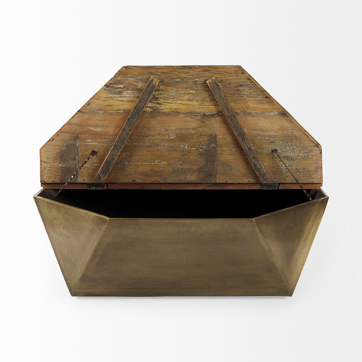 Esagono Octagonal Gold Metal-Clad Reclaimed Wood Coffee Table w/ Storage Living Room Mercana