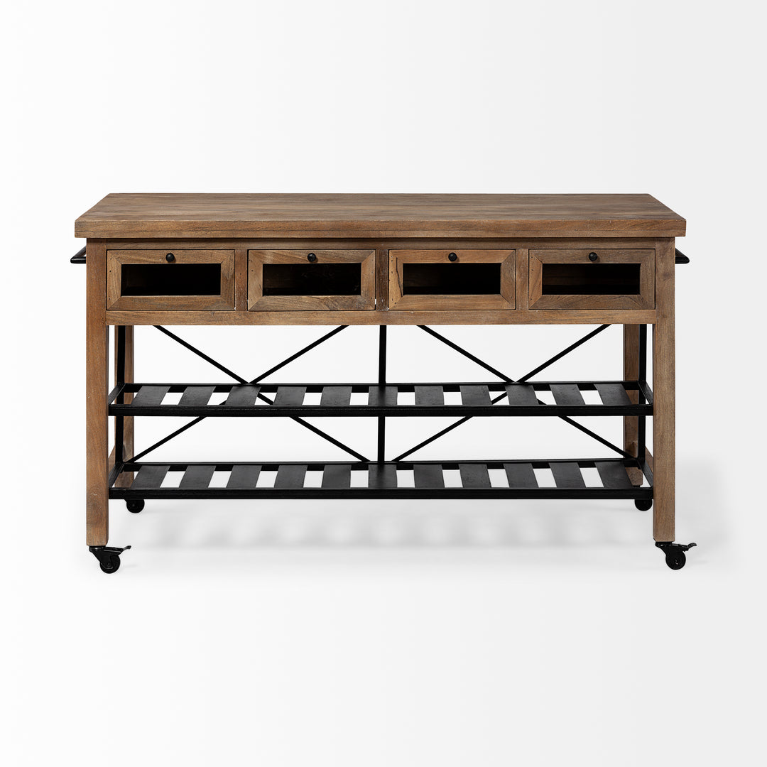 Stuart I Brown Solid Wood Top Two-Tier Black Metal Rolling Kitchen Island Dining Room Mercana