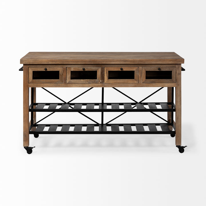 Stuart I Brown Solid Wood Top Two-Tier Black Metal Rolling Kitchen Island Dining Room Mercana
