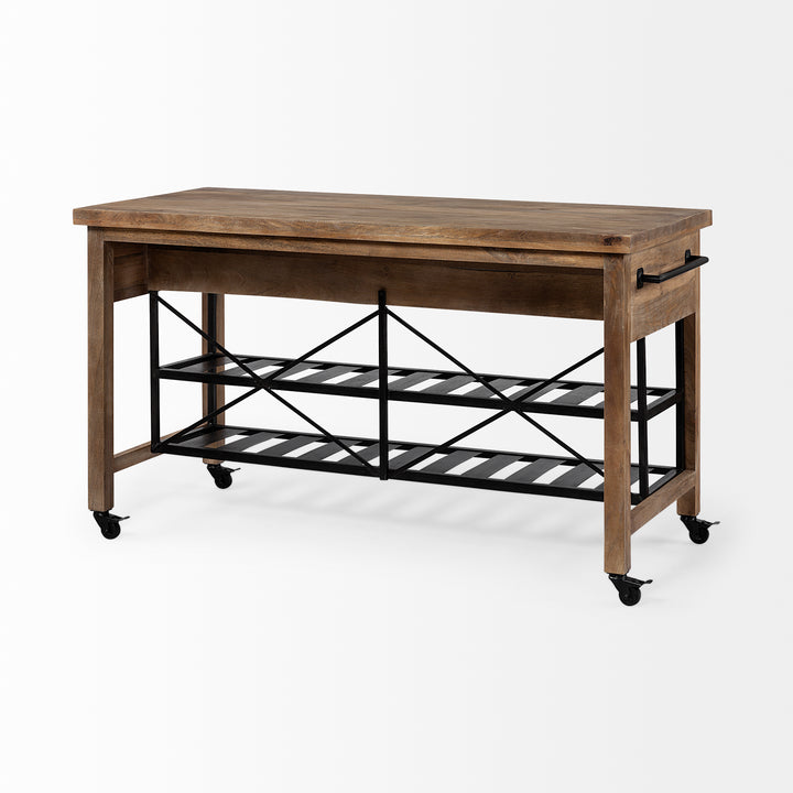 Stuart I Brown Solid Wood Top Two-Tier Black Metal Rolling Kitchen Island Dining Room Mercana
