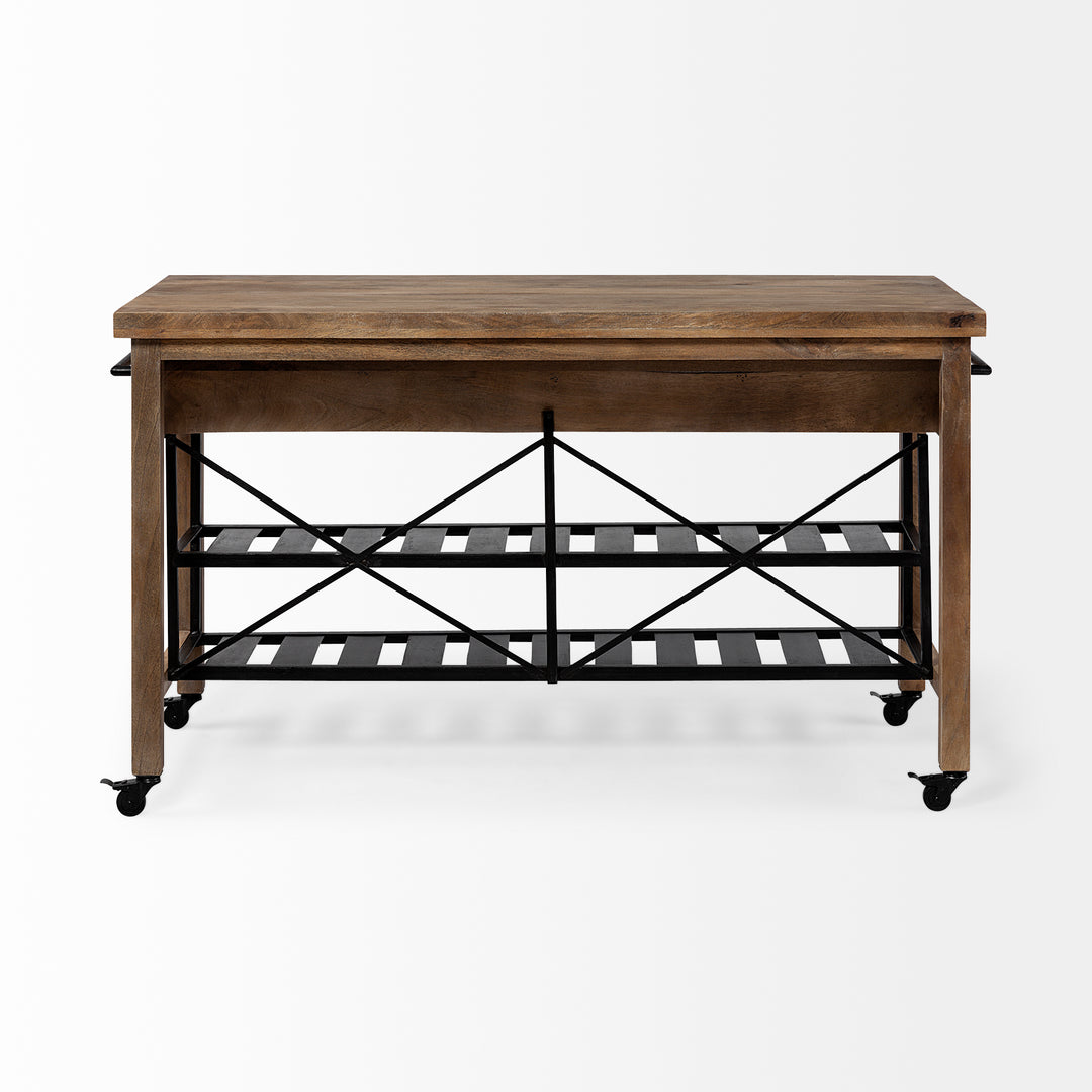 Stuart I Brown Solid Wood Top Two-Tier Black Metal Rolling Kitchen Island Dining Room Mercana