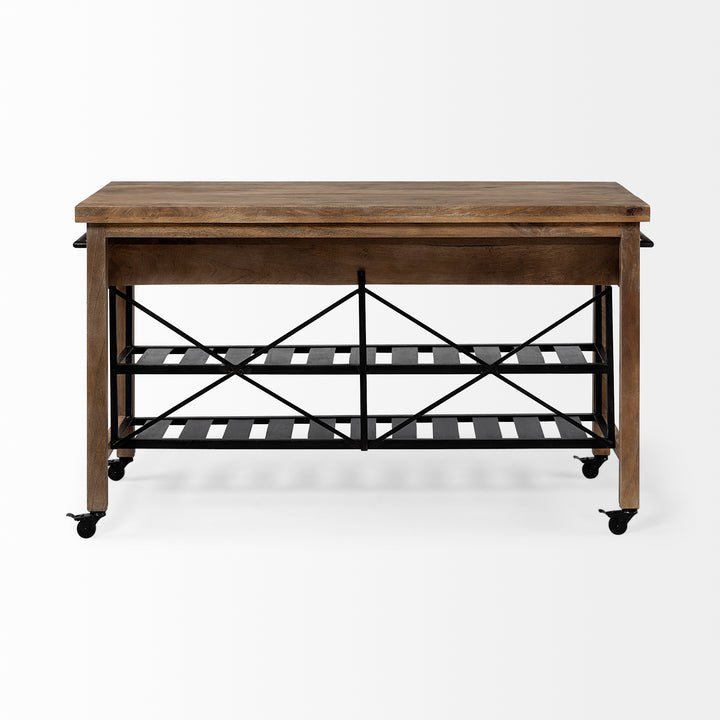 Stuart I Brown Solid Wood Top Two-Tier Black Metal Rolling Kitchen Island Dining Room Mercana