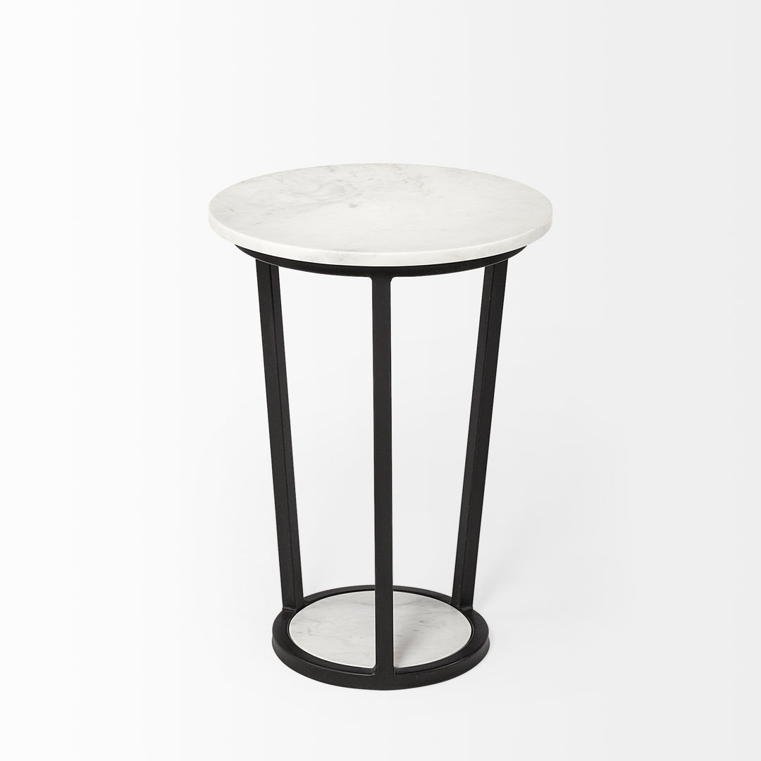 Bombola I (Small) 15L x 15W White Round Marble Top W/Black Metal Frame Accent Table Decor Mercana