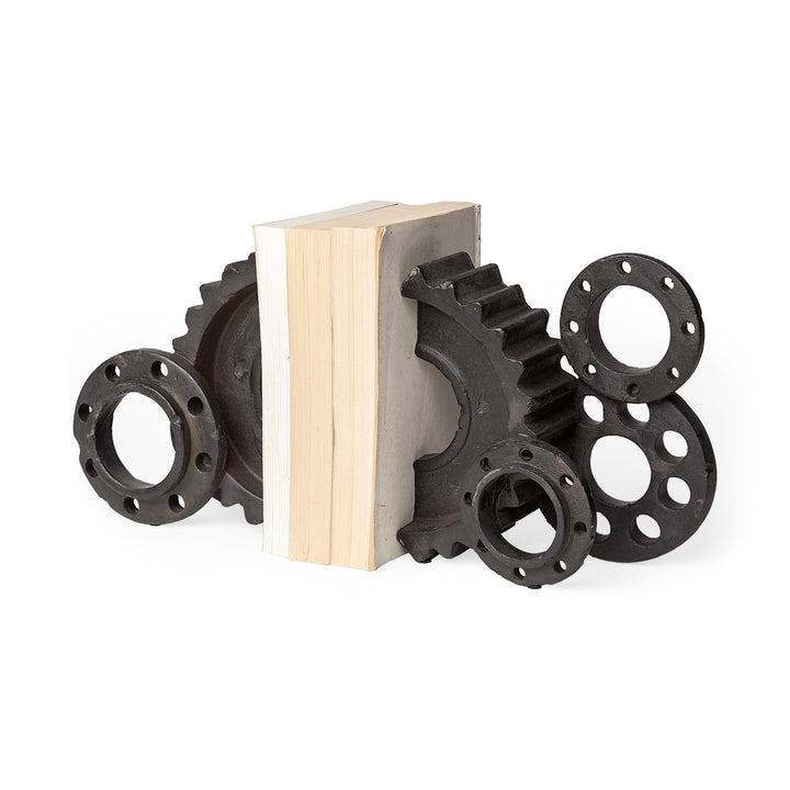 Cogsworth Set of 2 14L x 4W Brown Resin Industrial Gear Bookends Decor Mercana