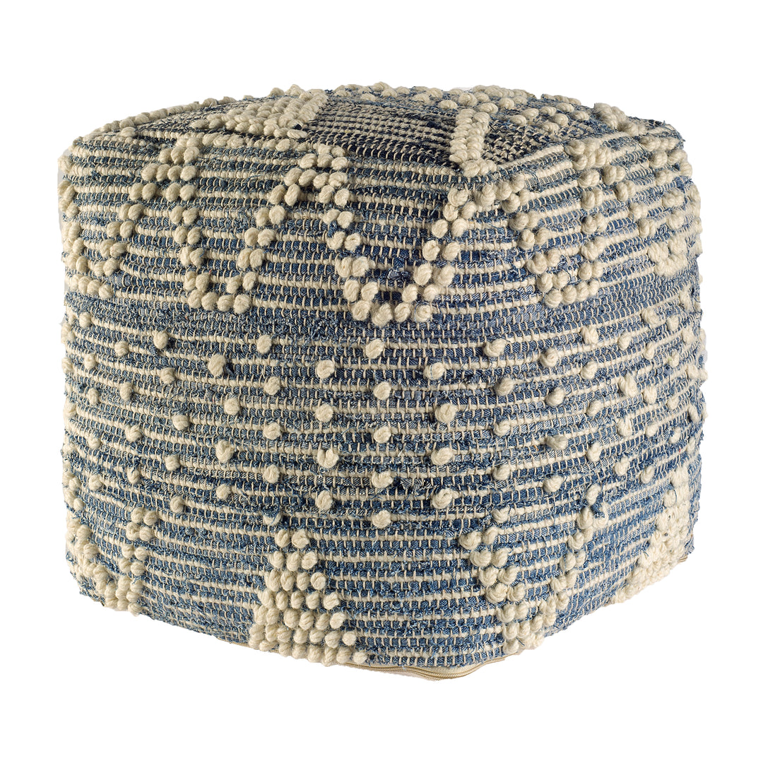 Rofi Blue Denim and Cream Cotton Stitched Square Pouf Living Room Mercana