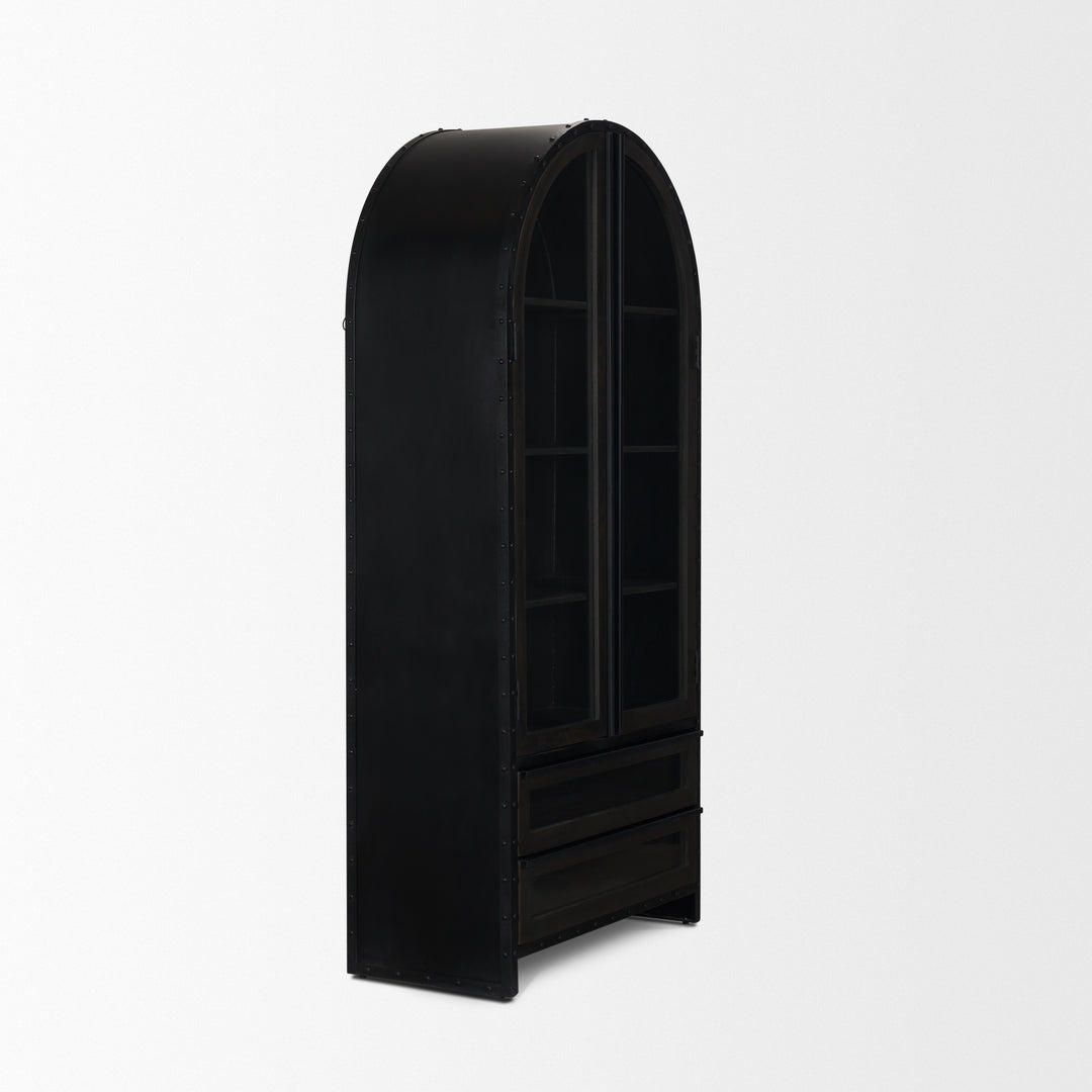 Gehry 72.3" H Dark Brown Metal Brown Wood and Glass Door Display Cabinet Living Room Mercana