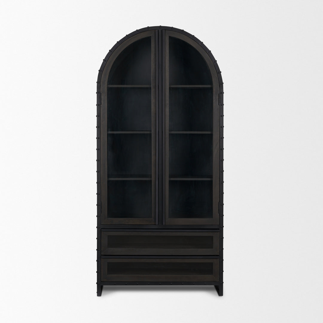 Gehry 72.3" H Dark Brown Metal Brown Wood and Glass Door Display Cabinet Living Room Mercana
