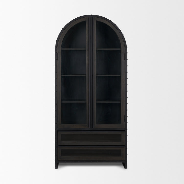 Gehry 72.3" H Dark Brown Metal Brown Wood and Glass Door Display Cabinet Living Room Mercana
