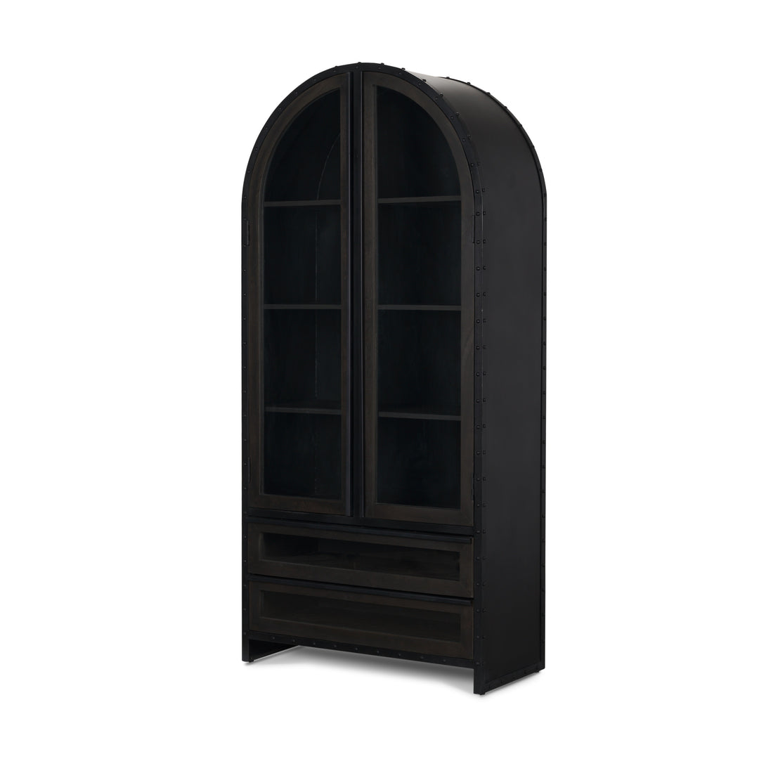 Gehry 72.3" H Dark Brown Metal Brown Wood and Glass Door Display Cabinet Living Room Mercana