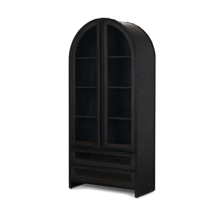Gehry 72.3" H Dark Brown Metal Brown Wood and Glass Door Display Cabinet Living Room Mercana